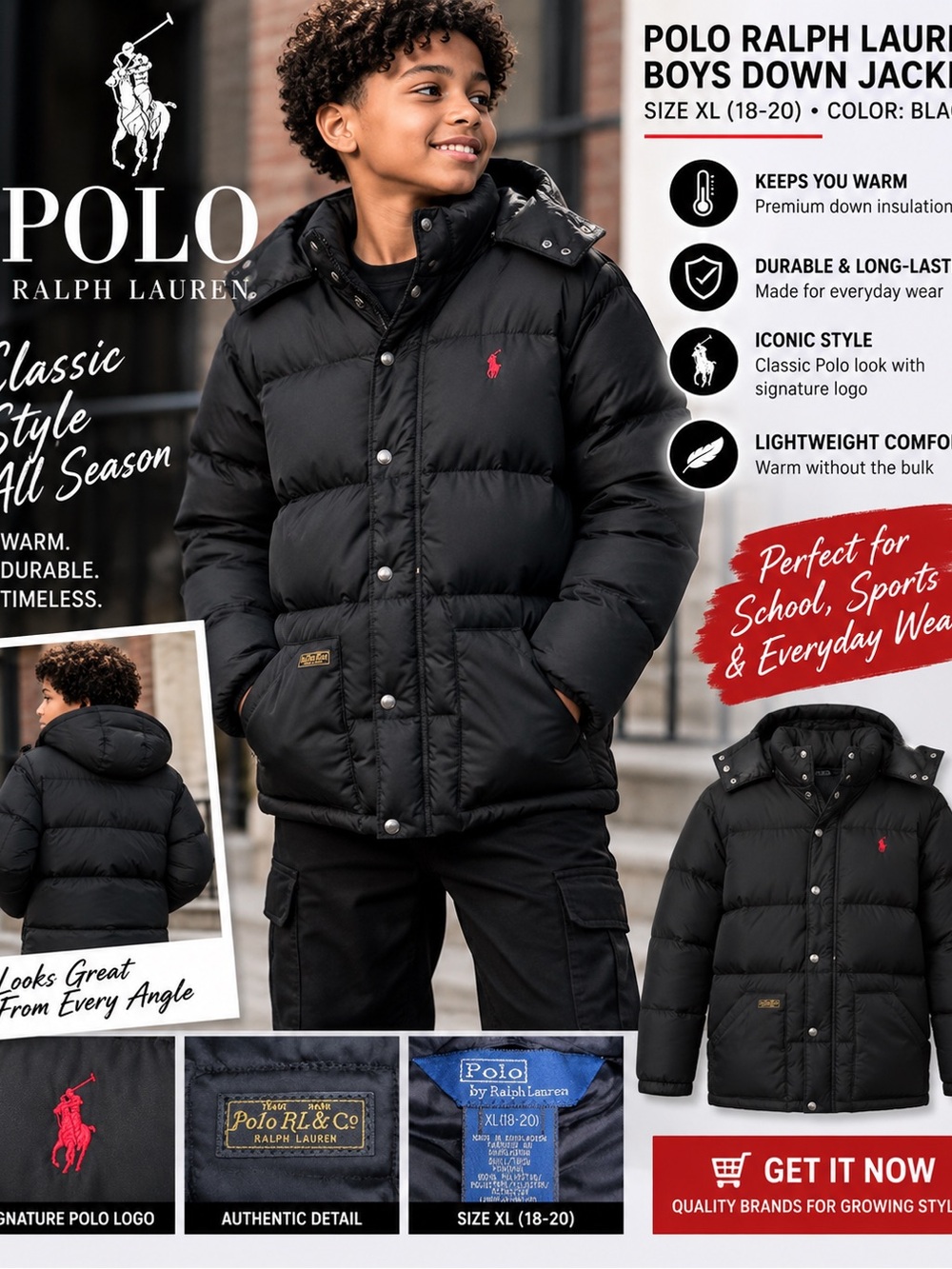 Polo by Ralph Lauren Boys Black Down Puffer Jacket size XL 18/20
